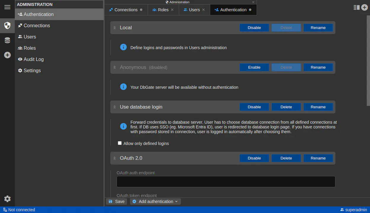DbGate - authentication administration