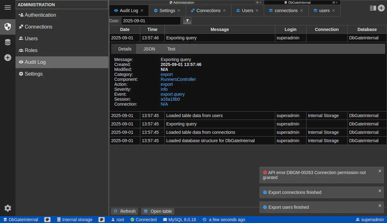 DbGate - auditlog
