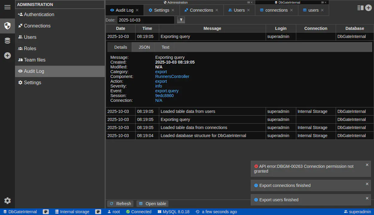 DbGate - auditlog