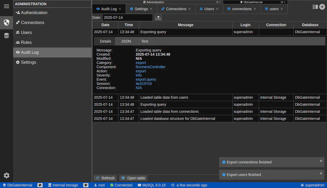 DbGate - auditlog