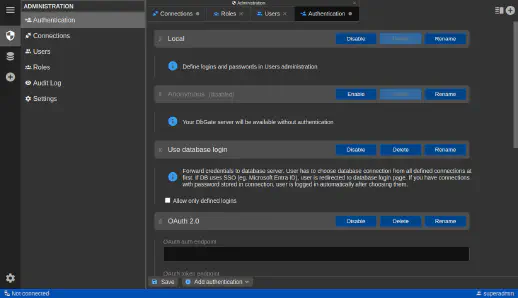 DbGate - authentication administration