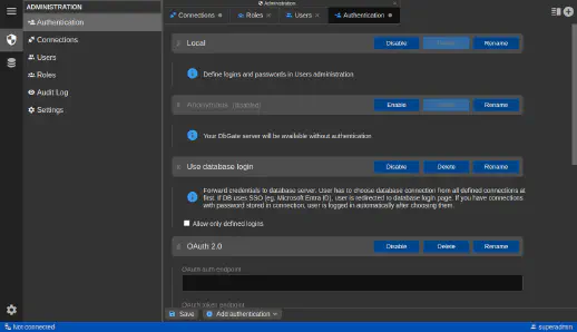 DbGate - authentication administration