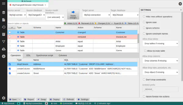DB compare settings