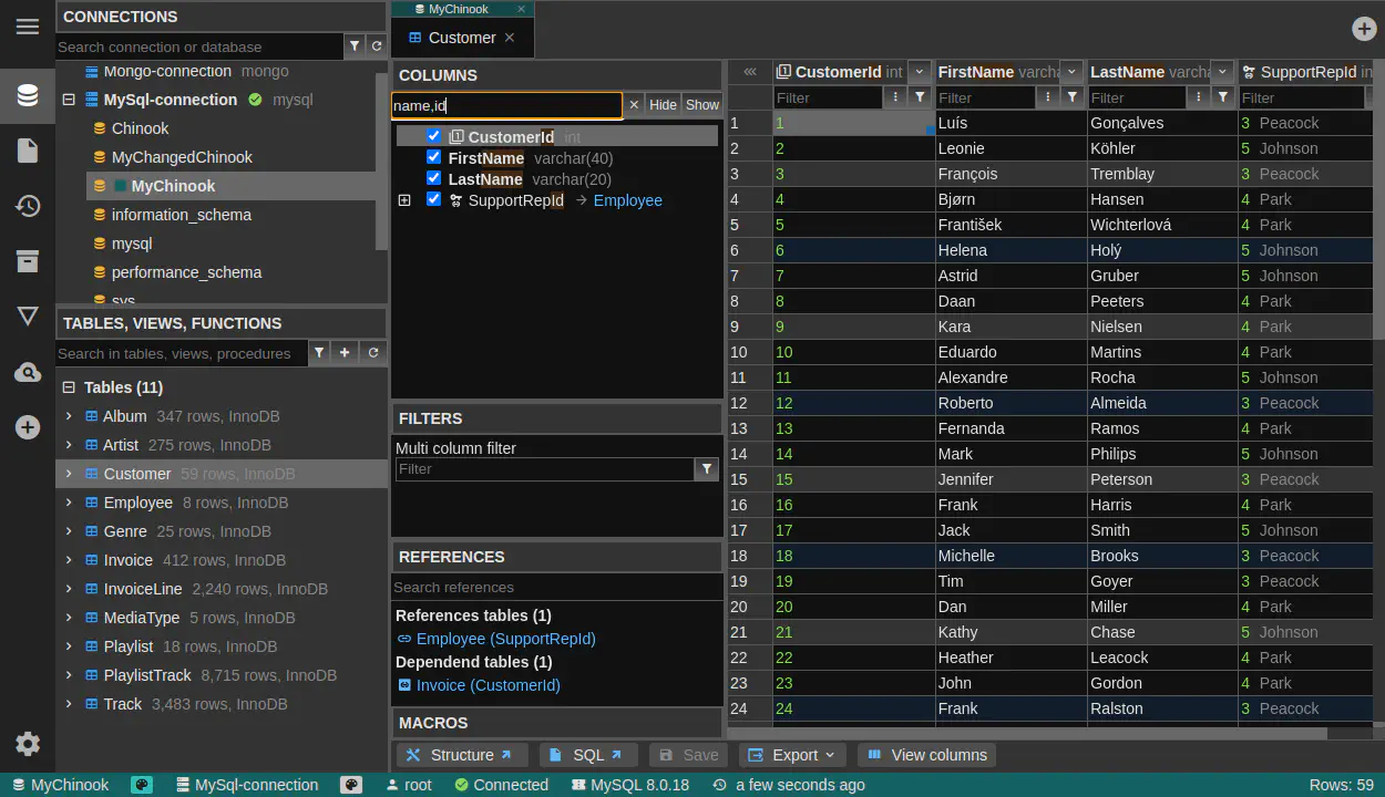 DbGate - data browser column search