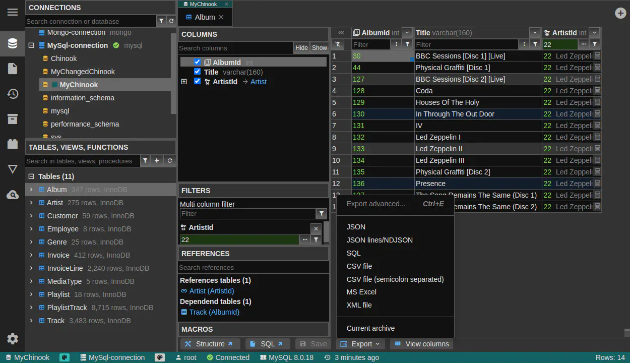DbGate - data browser export menu