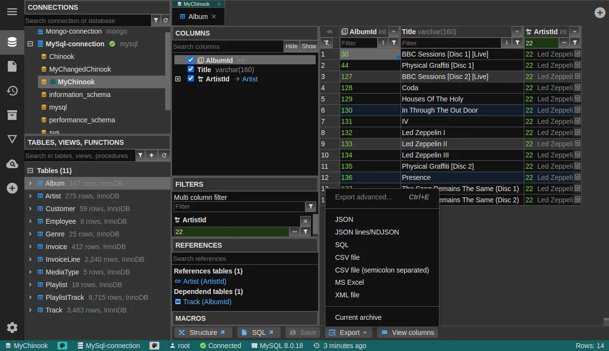 DbGate - data browser export menu