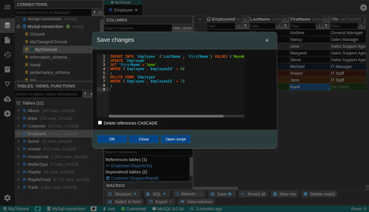 DbGate - data browser save changes