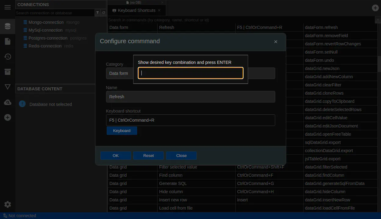DbGate - keyboard configuration