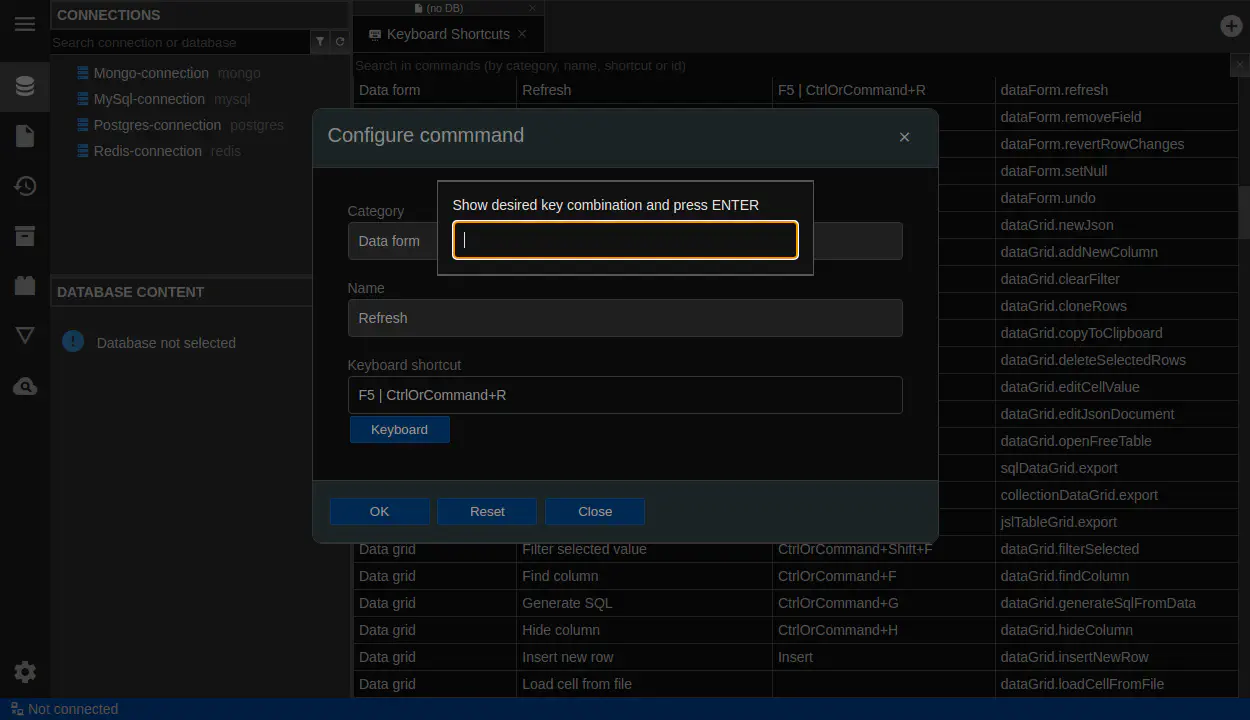DbGate - keyboard configuration