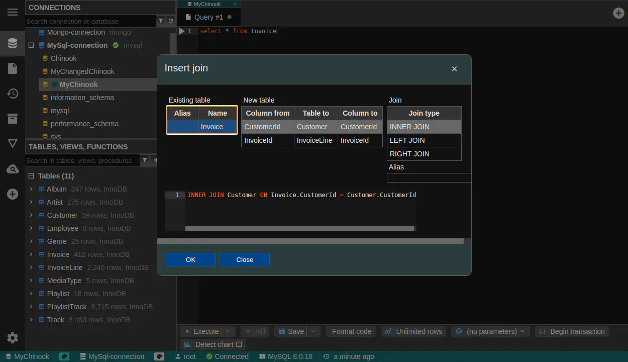 DbGate - query editor join wizard