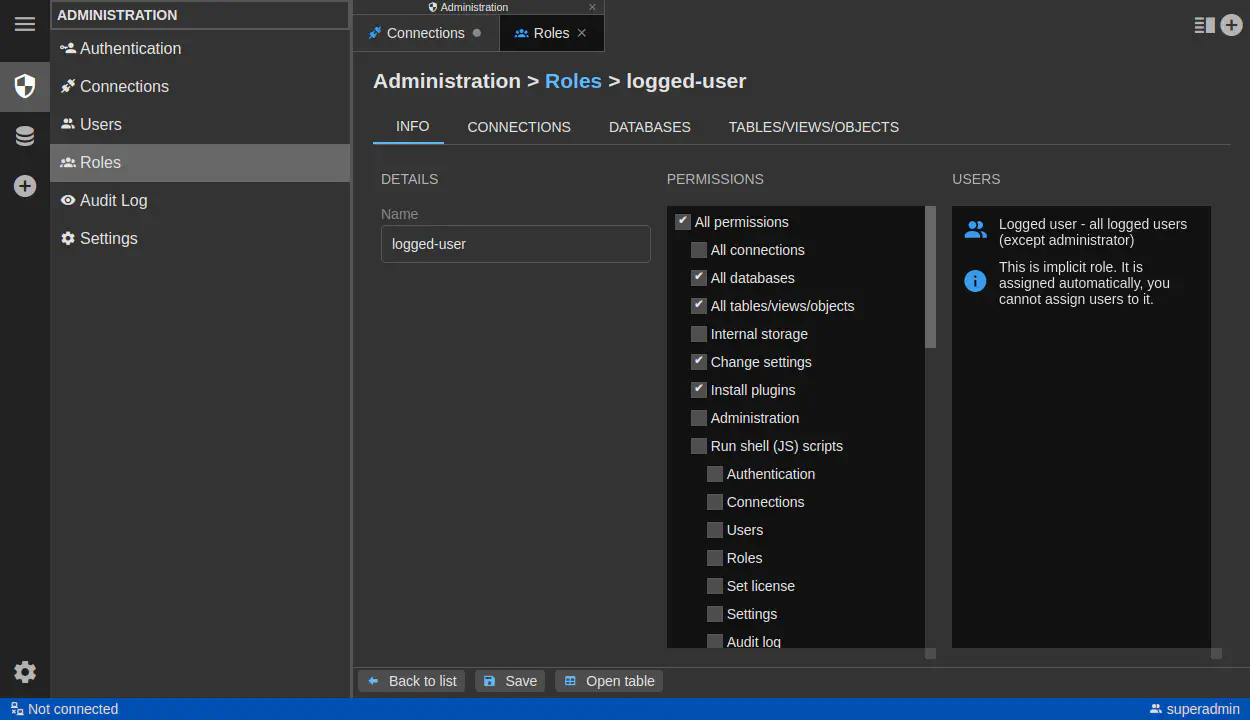DbGate - role administration