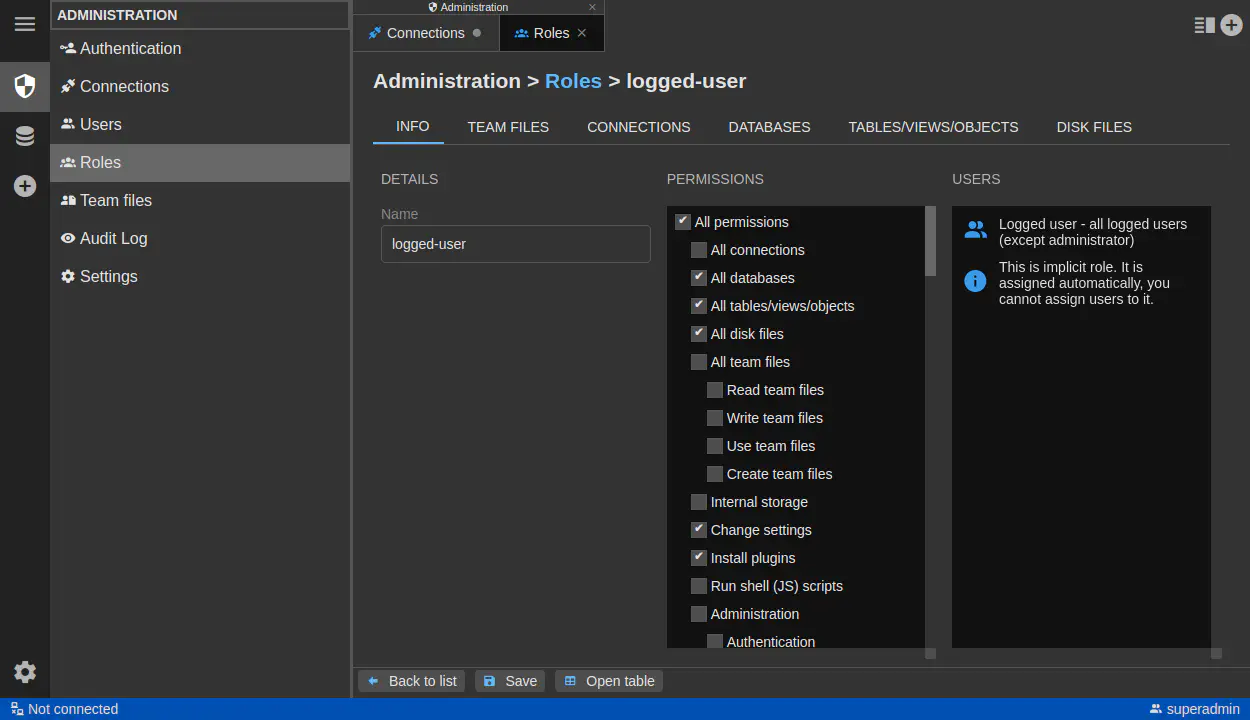 DbGate - role administration