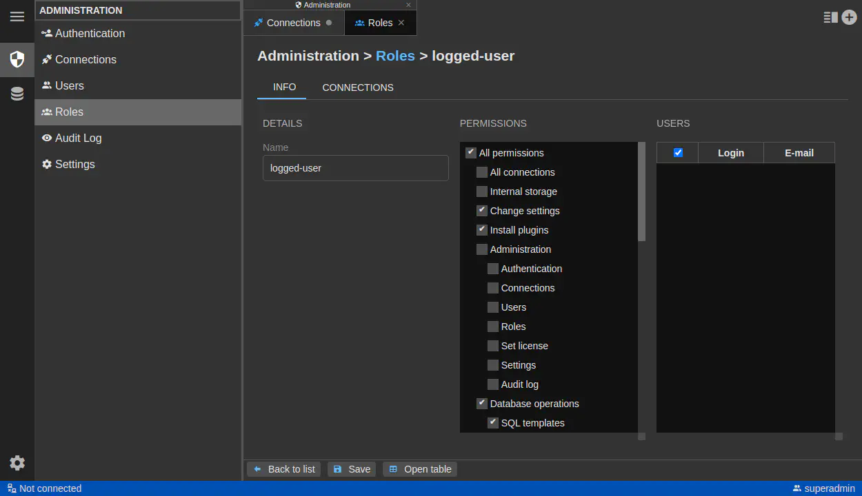 DbGate - role administration