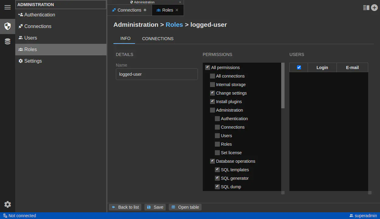 DbGate - role administration