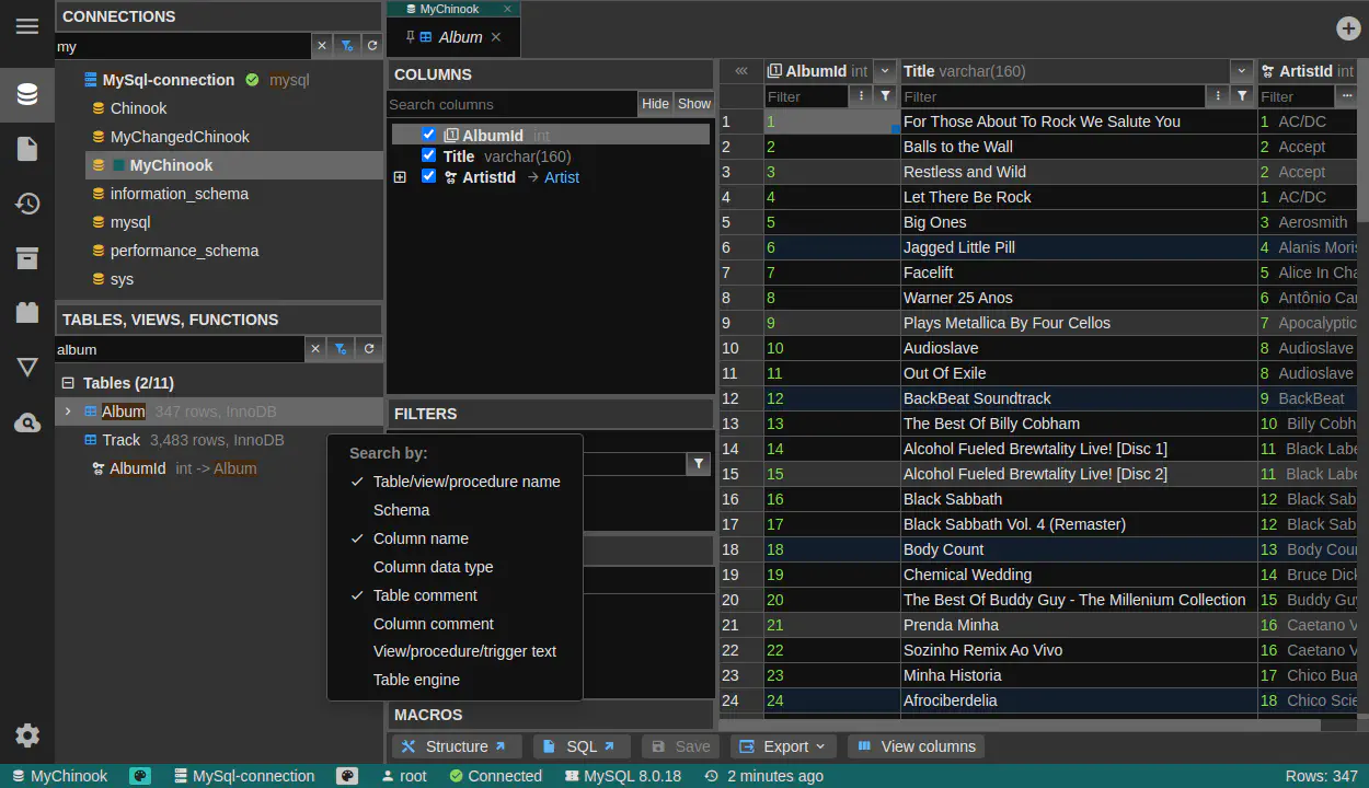 DbGate - search in connections