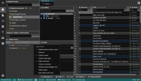 Search in connections and databases