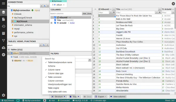 Search in connections and databases