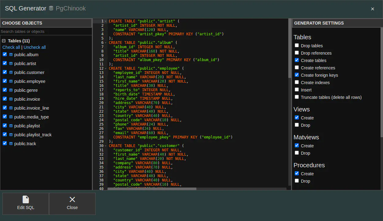DbGate - sql generator