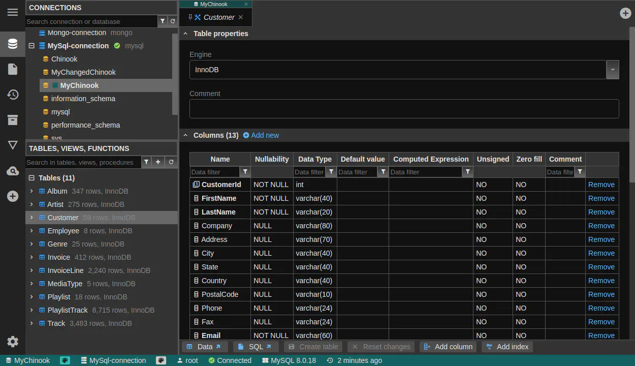 DbGate - table structure editor